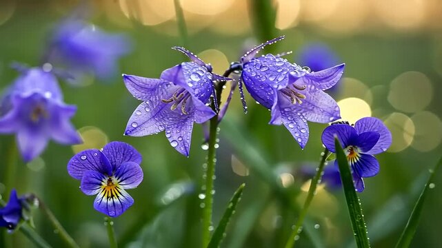 Close-up of vibrant purple bellflowers and pansies adorned with glistening dewdrops in a lush garden.