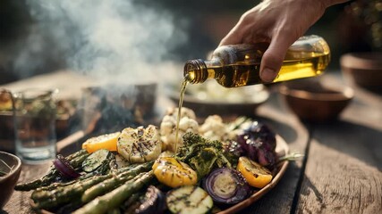 Freshly grilled vegetables are arranged on a rustic plate as olive oil is drizzled over them, highlighting a nutritious meal. The image evokes summer, wellness, and farm to table dining trends