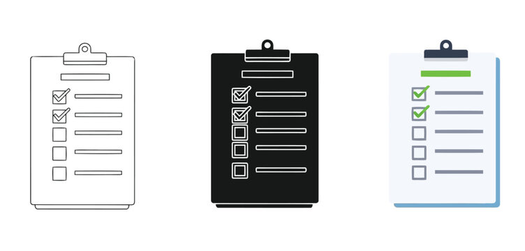 Checklists on Clipboards with Various Tasks Vector Set in Three Styles &mdash; Line Art, Silhouette and Color Version for Islamic Design, App UI, Posters and Branding