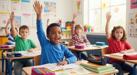 Diverse group of enthusiastic primary school students actively participating in a cheerful classroom lesson with raised hands
