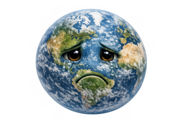Crying earth showing sadness and despair for global warming, climate change, and environmental pollution with transparent background