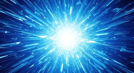 Vibrant futuristic blue light rays bursting from a central core with sharp geometric fragments and glowing illumination