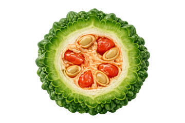 Bitter melon slice showing red seeds and green flesh, highlighting healthy asian cuisine ingredients on transparent background