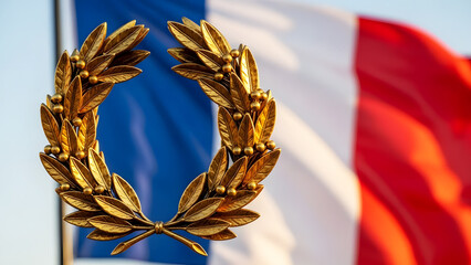 Golden laurel wreath in front of French flag waving outdoors  