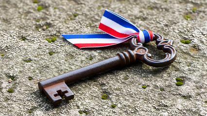 Vintage iron key with tricolor ribbon on textured surface  
