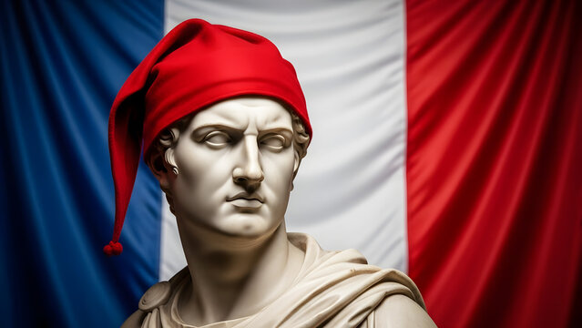 Neoclassical statue wearing red Phrygian cap with French flag background  