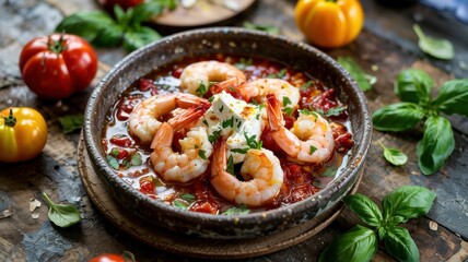 A dish of Greek cuisine.
Garides Saganaki (Greek: &gamma;&alpha;&rho;ί&delta;&epsilon;&sigmaf; &sigma;&alpha;&gamma;&alpha;&nu;ά&kappa;&iota;) is a popular Greek hot shrimp appetizer cooked in a thick tomato sauce with feta cheese.