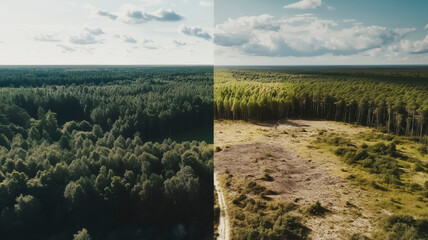 Deforestation and climate change concept showing healthy green forest transitioning into clear cut land environmental destruction sustainability crisis