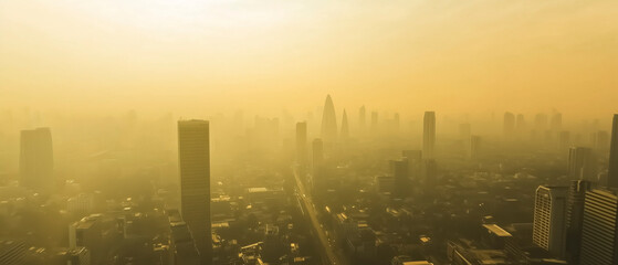 City skyline covered in heat haze and air pollution extreme heat climate change urban environment crisis