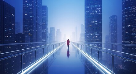 Silhouette of a person walking on a futuristic city bridge surrounded by towering skyscrapers in misty evening light with reflective glass panels