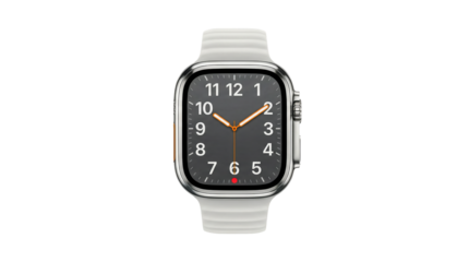 A sleek smartwatch with a white band and black face on a plain white background showcasing modern technology and design with wearable device