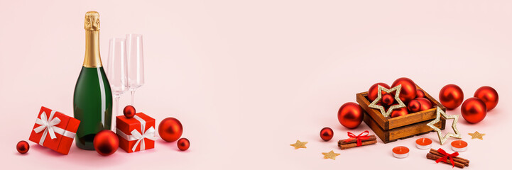 A bottle of champagne and two wine glasses next to red gifts with white ribbons, Christmas decorations, stars, and red balls. Banner