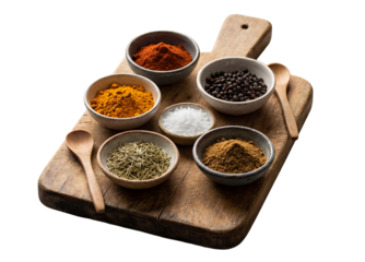 A wooden cutting board with six bowls of various spices and herbs including turmeric rosemary and peppercorns accompanied by wooden spoons on a white background perfect