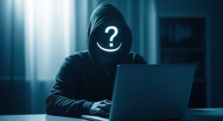 Anonymous hacker with illuminated question mark symbol on hoodie working on laptop in moody blue-lit workspace environment