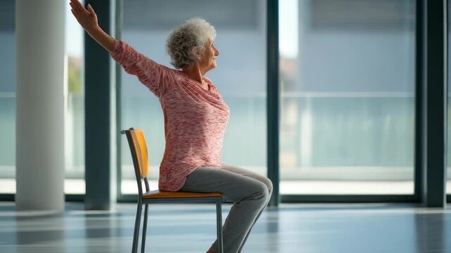 Elderly lady performs chair yoga exercise in a sunlit room, focusing on mobility and mindfulness. The peaceful atmosphere emphasizes self care, relaxation, and physical activity for seniors