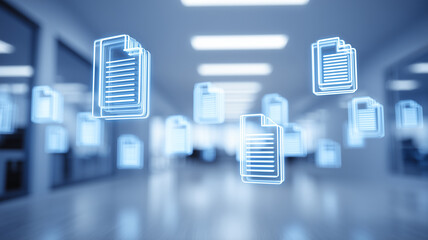 Floating digital documents representing information flow data management and secure cloud based organization systems.

