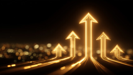 Multiple upward arrows glowing together symbolizing economic growth financial success and positive business momentum.
