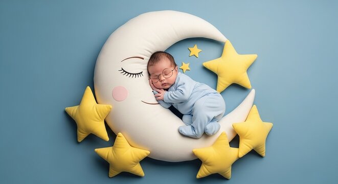 Adorable infant napping peacefully in a cozy moon pillow with golden stars and soft plush toys for nursery decor