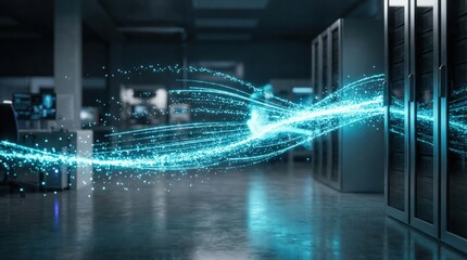 Data flow stream in futuristic server room,concept of big data,AI and high-speed digital network infrastructure