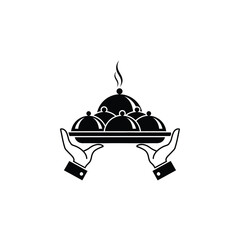 Vector illustration icon black and white illustration of hands holding a covered serving dish with steam rising isolated on white background