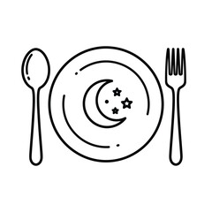 Vector illustration icon black line drawing of a plate with a moon and stars on a table setting with a spoon and fork on white background