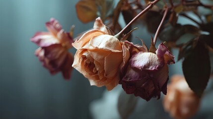 Withered roses with faded petals in soft moody lighting