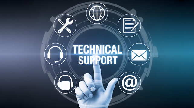 Futuristic digital interface with icons and glowing text Technical Support symbolizing customer service solutions - Powered by Adobe
