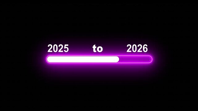Neon loading bar progress from 2025 to 2026 yew year concept animation background. Almost reaching New Year on black background
