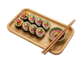 Delicious sushi rolls on a wooden tray with chopsticks and dipping sauce with japanese cuisine and food and meal and appetizer and culinary and raw fish