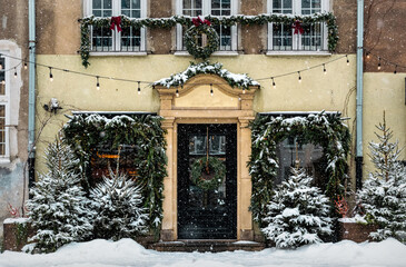 Beautiful Christmas holiday decorations on the street in Old Town of Gdansk