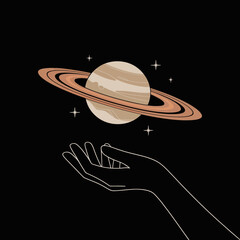 A creative depiction of Saturn floating above a hand symbolizes human curiosity, exploration, and the vastness of the universe, inspiring awe and wonder among viewers. © Jinhong