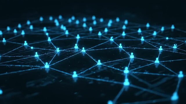 Abstract network of connected glowing blue icons representing people