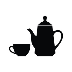 Vector illustration icon black silhouette of a teapot and cup on a plain white background for coffee or tea concepts