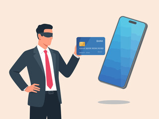 An illustration of a businessman holding a credit card next to a smartphone, representing modern finance, digital transactions, and the evolving banking landscape.