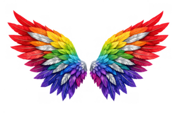 Rainbow feathered angel wings symbolizing lgbt pride, freedom, diversity, equality, and support, isolated on transparent background