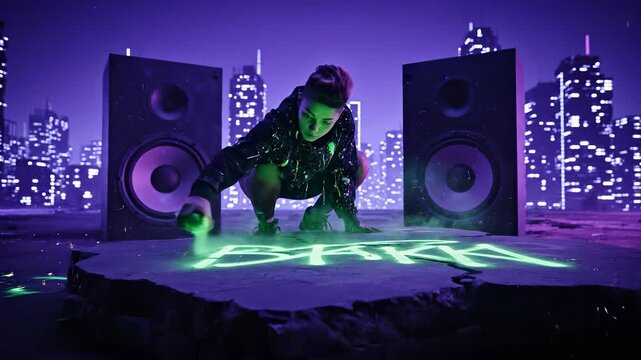 Person spray paint on rooftop. Speaker beside graffiti artist under city neon night. Music adds rhythm to urban atmosphere. Green glow forms stencil pattern on cracked platform. Bold color contrast.