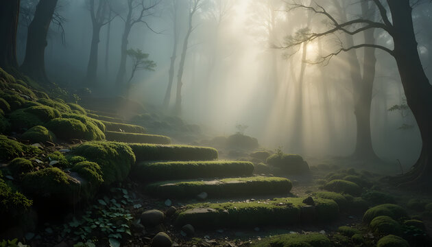 Moss covered forest steps thick fog warm light mystical path - Powered by Adobe