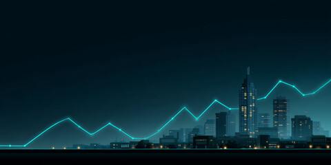 Night city skyline with illuminated skyscrapers and glowing financial graph line showing growth and trends in urban business environment