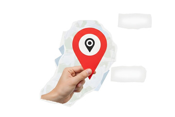 Hand holding red map pin over abstract map outline isolated on transparent background