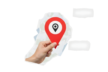 Hand holding red map pin over abstract map outline isolated on transparent background