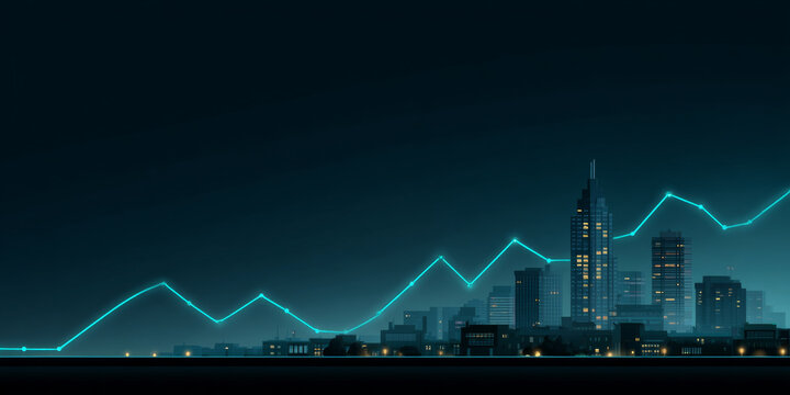 Night city skyline with illuminated skyscrapers and glowing financial graph line showing growth and trends in urban business environment - Powered by Adobe