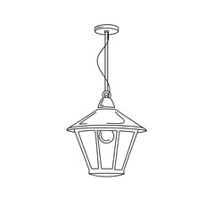 Vector illustration icon line drawing of a hanging outdoor lantern light fixture with a pyramid roof and metal shade isolated on white background