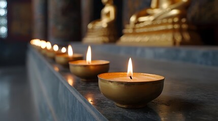 Lit golden candles arranged on a marble surface in a serene Buddhist temple with blurred Buddha statues in the background