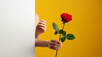 Woman Peeking and Giving Red Rose for Valentine