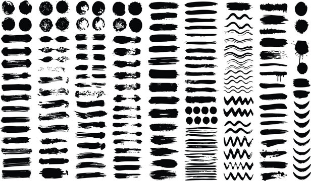Collection of hand drawn grunge textured brush strokes and ink smears set rough black artistic design elements