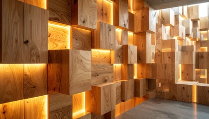 Staggered wooden wall panels with warm backlighting, showcasing modern texture, depth, and architectural elegance.