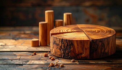 Wooden geometric shapes with pie segments and etched world map on rustic surface, blending data and craft.