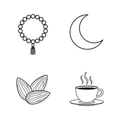 Vector illustration icon a set of four line art icons featuring a beaded bracelet with tassel, crescent moon, leaves, and a steaming cup of coffee on a saucer
