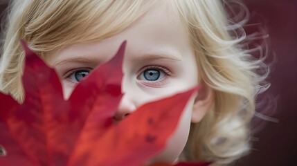 A close-up of a child with blonde hair and blue eyes peeking from behind a vibrant red maple leaf. Soft lighting and a shallow depth of field create a whimsical, autumn-inspired portrait.