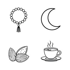 Vector illustration icon a set of four minimalist line art icons featuring a beaded necklace with tassel, crescent moon, coffee cup with saucer, and a cacao pod with seeds isolated on white background